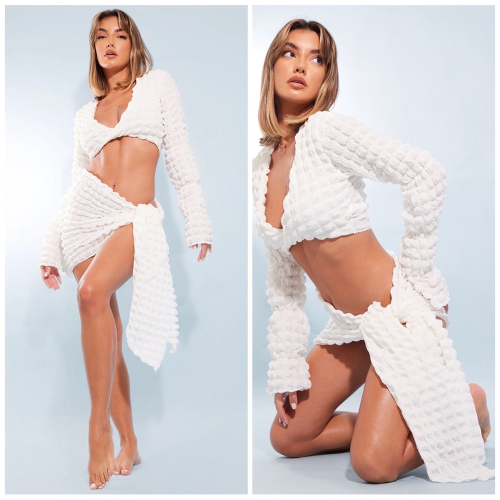 PRETTYLITTLETHING white Bubble Textured Long Sleeve Beach Top & Tie Beach Sarong